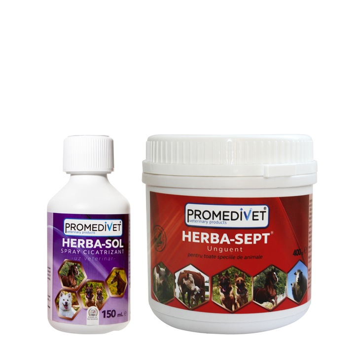 Pachet cicatrizant Spray Herba Sol cu extract din plante 150ml si Unguent Herba Sept adjuvant impotrica infectiilor, dermatozelor, plagilor, arsuri, 400g, pentru animalele de companie
