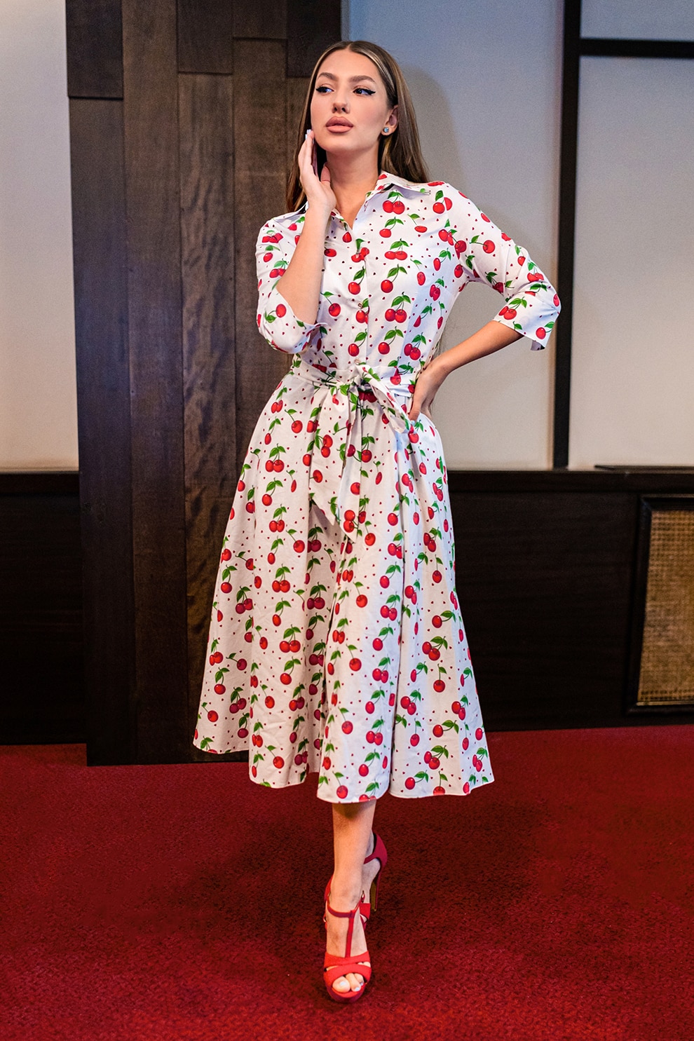 CAMISSI, Rochie-camasa evazata cu cordon in talie, Alb optic, Rosu vermillion, XL