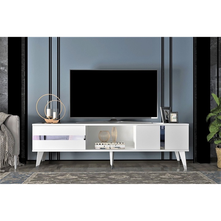 Comoda TV Asi Home Vania, 150 cm x 50 cm x 30 cm, Alb, Argintiu