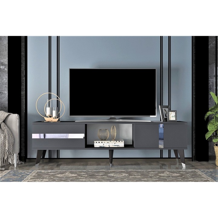 Comoda TV Asi Home Vania, 150 cm x 50 cm x 30 cm, Antracit, Argintiu
