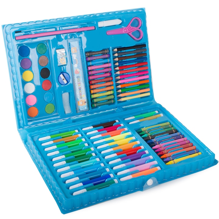 OEM Festő és rajzkészlet gyerekeknek, 86 db, színes ceruzák, olajpasztell, akvarell, kék