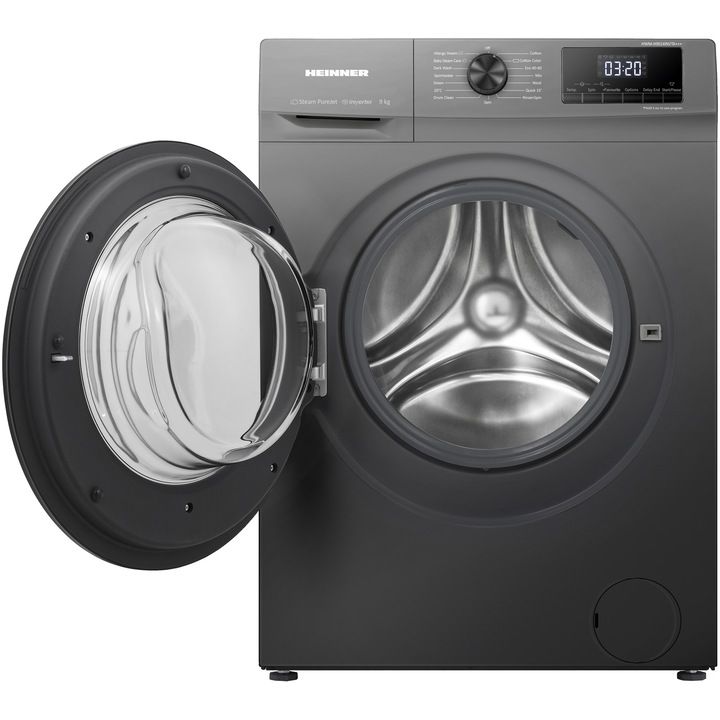 Пералня Heinner HWM-H9014INVTA+++, 9 кг, 1400 об/мин, Клас А, Инверторен мотор, Дигитален дисплей, Заключване за деца, Сив