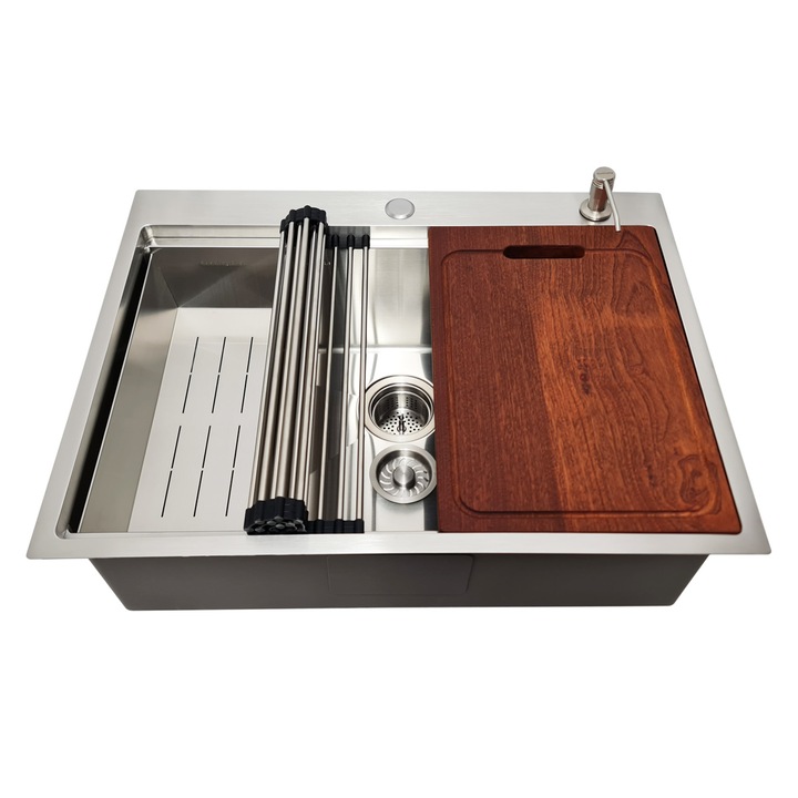 Set chiuveta bucatarie inox CookingAid HERA TOP, 680x515x230mm, cu dozator detergent, tavita scurgere inox, gratar rulabil inox, tocator lemn Sapele si accesorii montaj