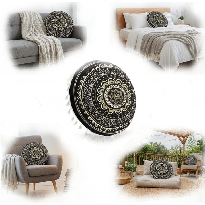 Perna decorativa rotunda, model mandala, alb/negru, Syamag, 40x10 cm