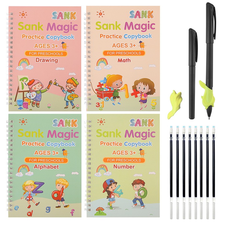 Set cu 4 caiete de lucru si stilou magic EZGETOP® pentru scris si desenat, rechizite scolare, multicolor, 19 cm X 13 cm, Fun Drawing