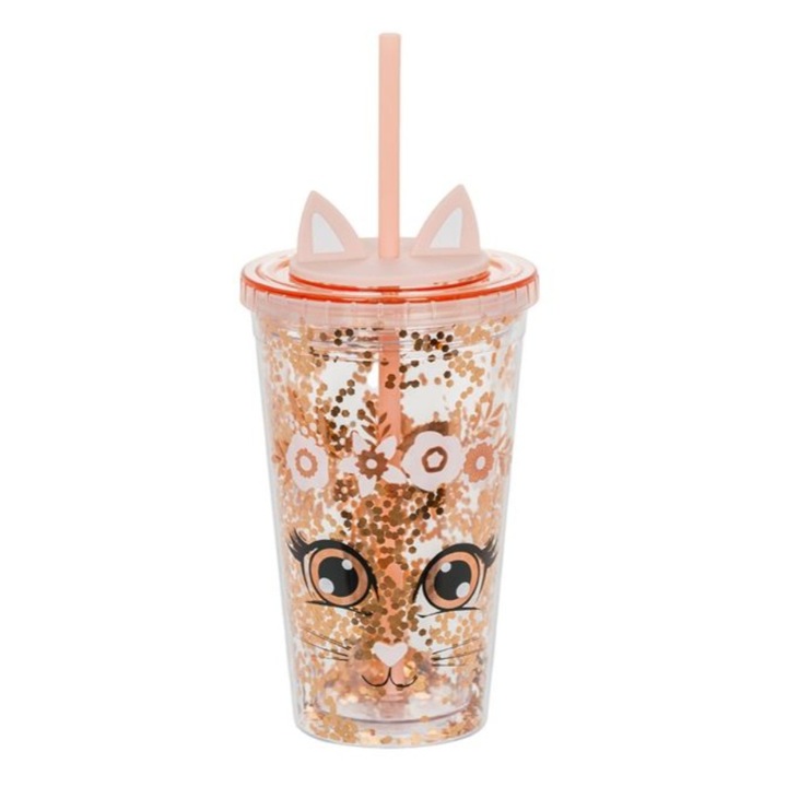 Pahar pentru copii, capac cu filet si pai din plastic, confetti, model pisica, somon, 475ml, 10x16cm