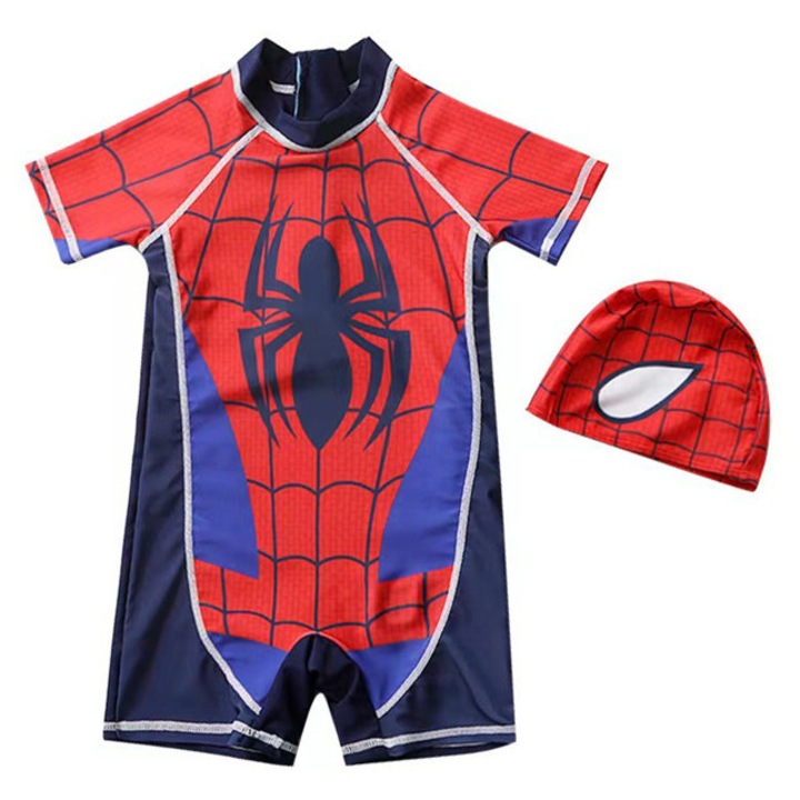 Costum Spiderman Copii, THK, cu maneca scurta si caciula, Rosu/Negru - 7-8 ani