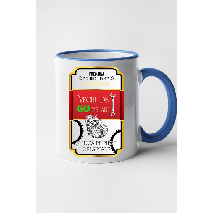 Cana personalizata cu imprimeu, Vechi de 60 ani, Ceramica, 330 ml, Maner si interior Albastru