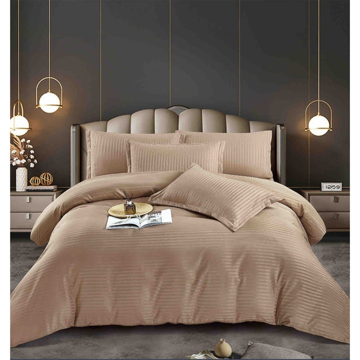 Lenjerie pat dublu, Damasc Premium, 6 Piese, 230x250, Cappuccino