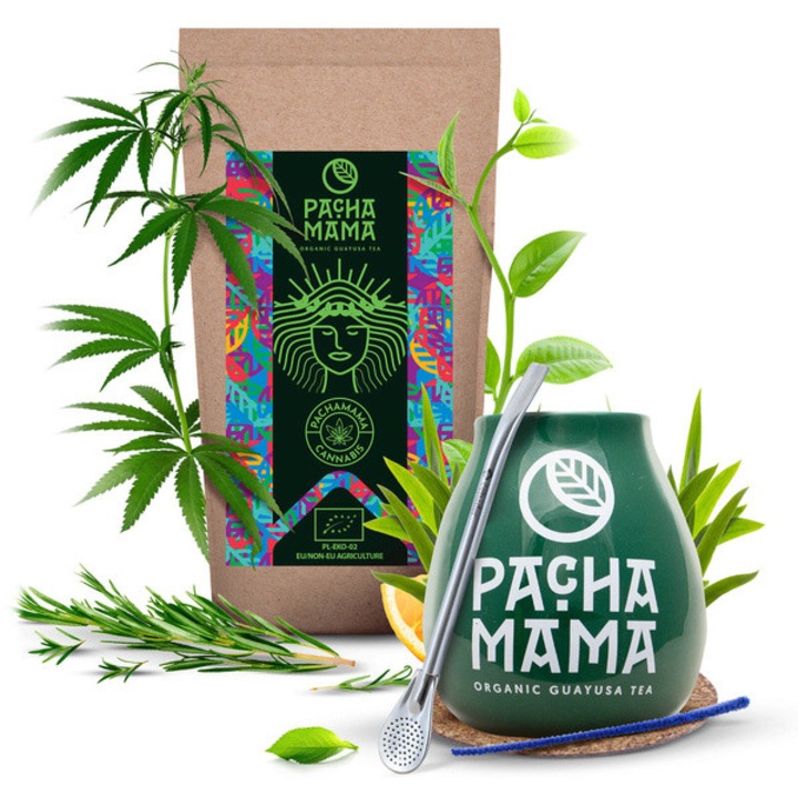Guayusa Bio, Pachamama Cannabis készlet, Tea 100g, 350 ml-es bögrével és tartozékokkal, Bombilla