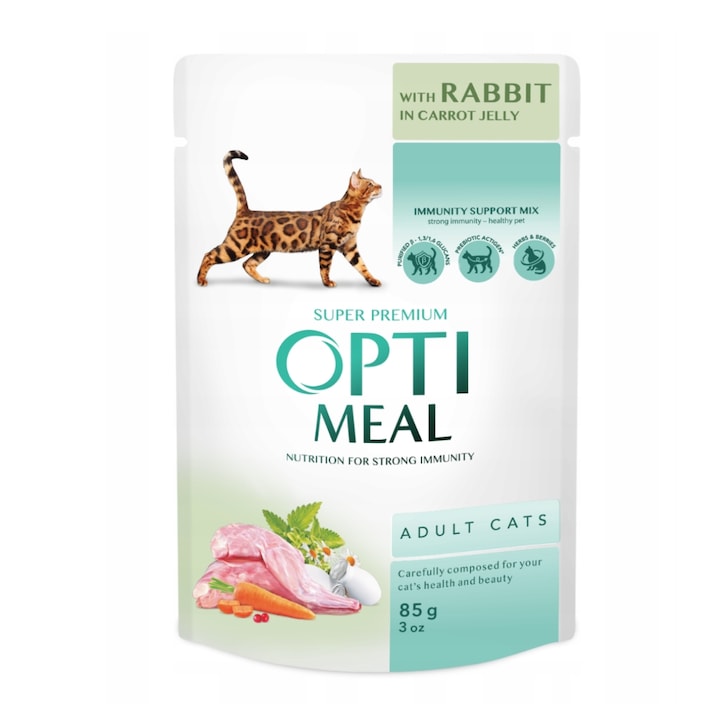 Hrana umeda pentru pisici adulte, Optimeal, Cu iepure in jeleu de morcov, 85g