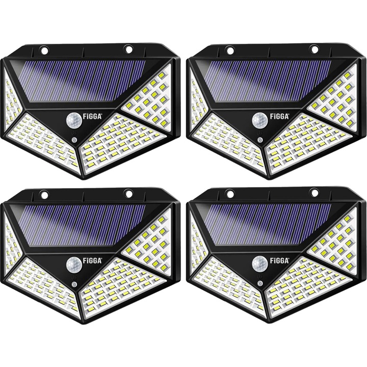 Set 4 lampi solare exterior FiGGA® de gradina, puternice, cu senzor de miscare, cu incarcare solara, Negru