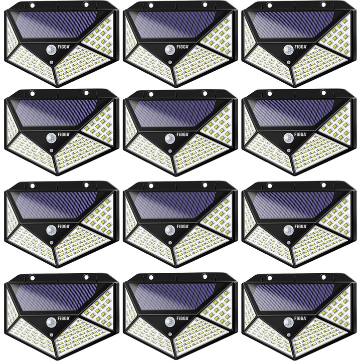FiGGA kültéri napelemes kerti lámpa készlet, 12 db, erős, mozgásérzékelővel, napelemes töltéssel, fekete