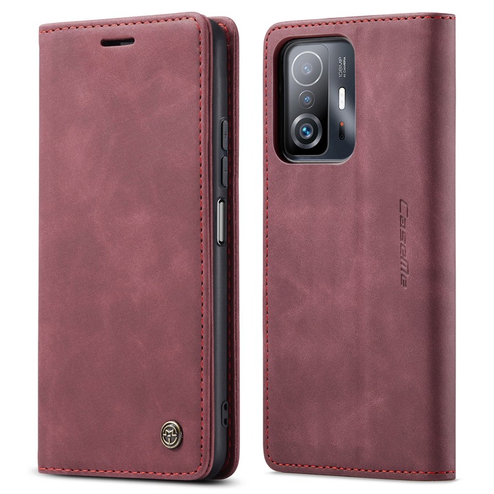 Калъф за Xiaomi 11T, 11T Pro, CaseMe, slim, кожен, тип портфейл, стойка, магнитно закопчаване, кадифена текстура, Вишнов цвят