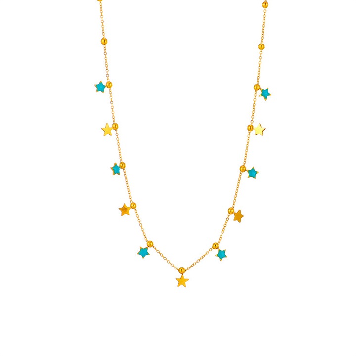 Colier de dama din otel inoxidabil placat cu aur 18K, model cu stelute in doua culori, Tessero, auriu