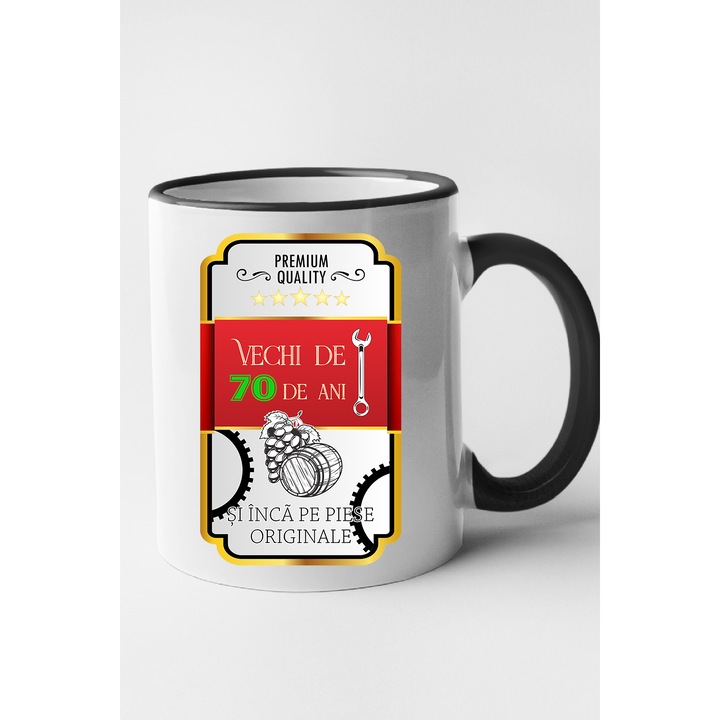 Cana personalizata cu imprimeu, Vechi de 70 ani, Ceramica, 330 ml, Maner si interior Negru