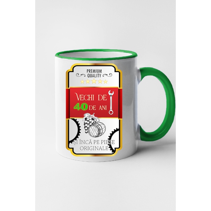 Cana personalizata cu imprimeu, Vechi de 40 ani, Ceramica, 330 ml, Maner si interior Verde