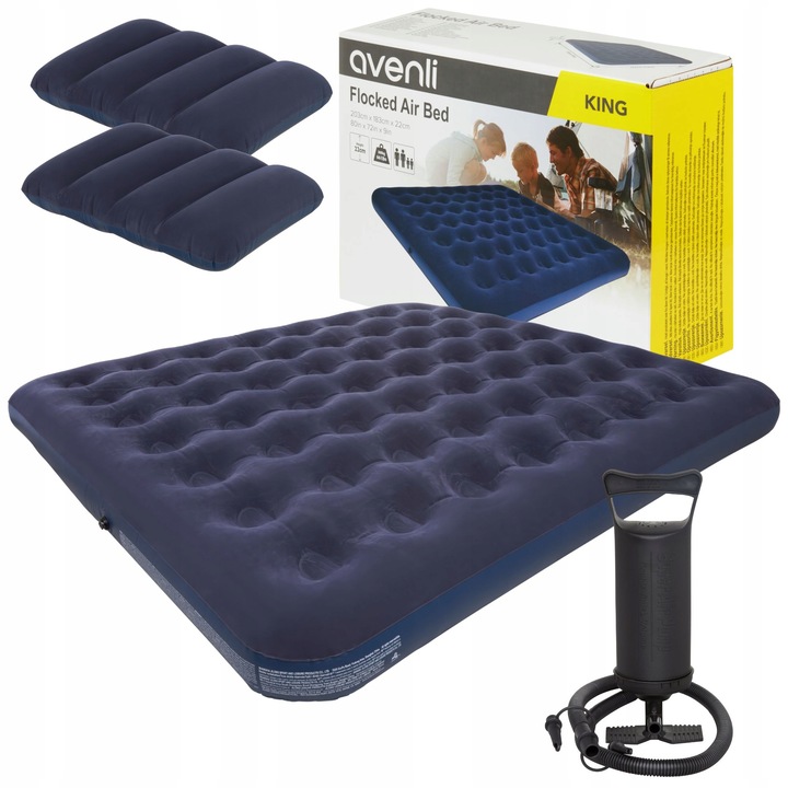 Надуваем матрак с помпа и възглавници, Avenli, PVC, 203x152x22 см, тъмносин