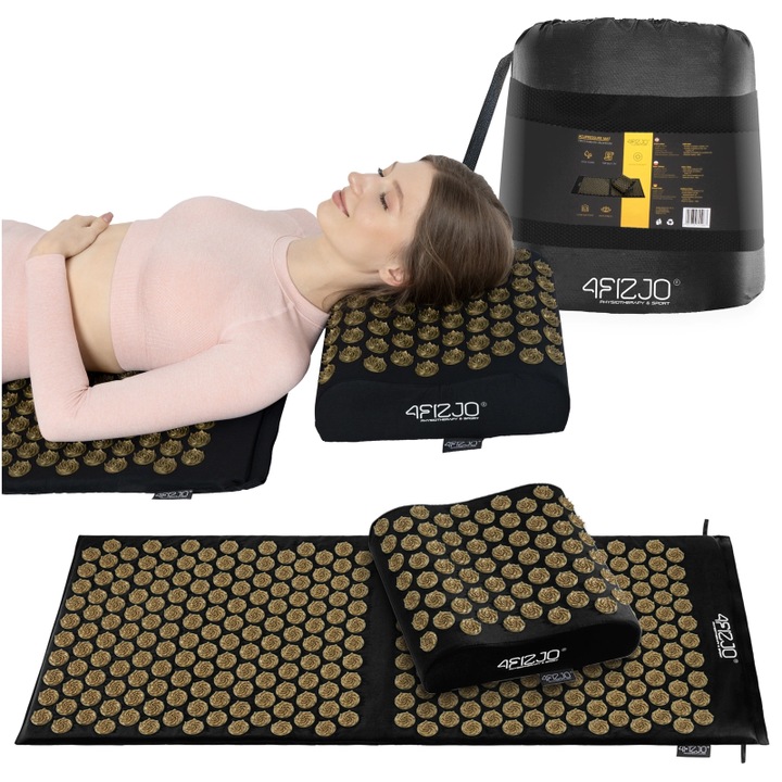 Covoras pentru presopunctura, 4FIZJO, cu varfuri, usor de transportat, pentru recuperarea dupa antrenament, pentru amatori si profesionisti, imbunatateste circulatia si relaxeaza muschii, ABS/Bumbac/PP, 110 x 42 cm, Negru/Auriu
