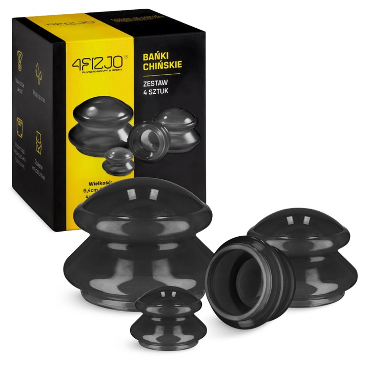 Set 4 Ventuze de Masaj din Silicon in 4 Dimensiuni Diferente pentru Relaxare, Terapie, Tratamente Anticelulitie, 4FIZJO, Silicon, Negru