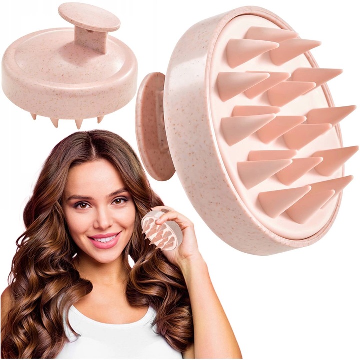 Perie de masaj pentru scalp, 4FIZJO, usor de curatat, stimuleaza scalpul, are 19 varfuri de silicon moale, Bej