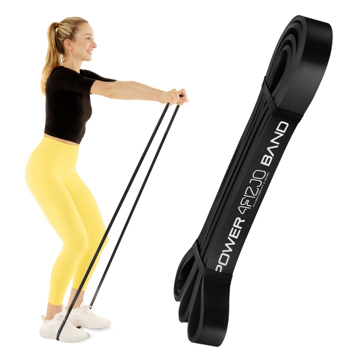 Banda elastica, banda de rezistenta pentru fitness, antrenament in sala de gimnastica, gimnastica de recuperare, rezistenta 12-17 kg, 4FIZJO, Latex, 208 x 2.2 cm, Negru