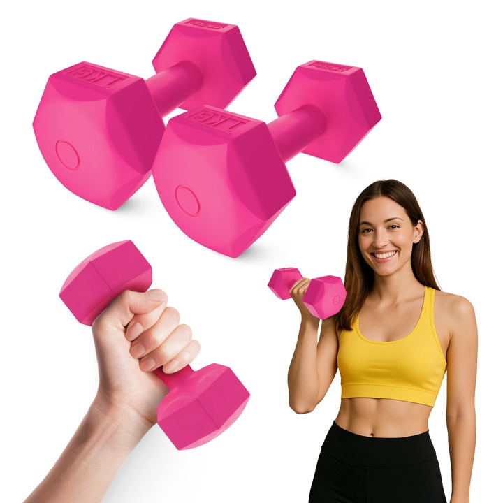 Set 2 gantere bituminoase din fonta pentru antrenament cu greutati si fitness, intarire musculara, 4FIZJO, Beton/PVC, Roz