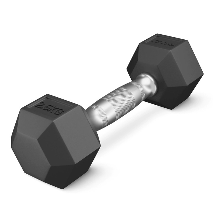 Acél súlyzó, HEX, 4FIZJO, gumírozott markolattal, edzőtermi edzéshez, profiknak, 2.5 kg, Fekete