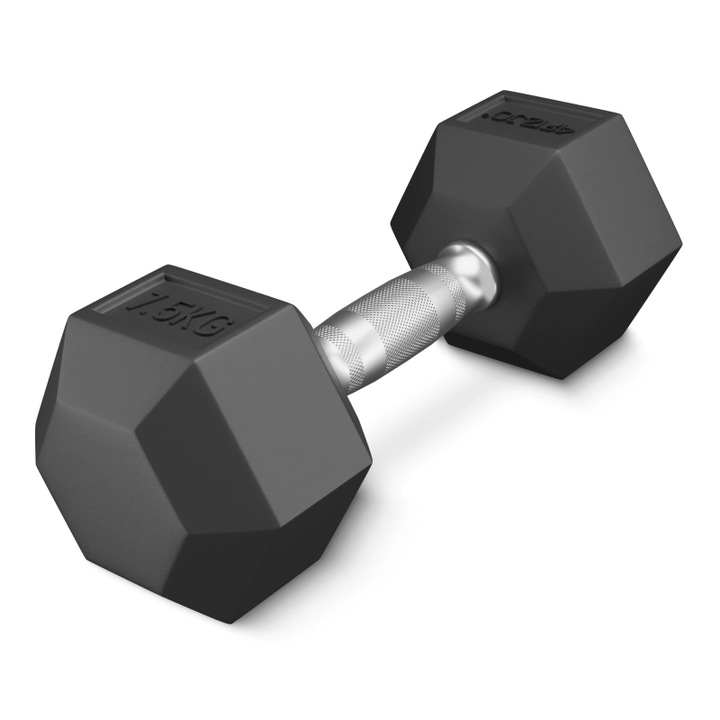 Acél súlyzó, 4FIZJO, csúszásmentes fogantyúval, hatszög alakú, súlyzóként is használható, bicepsz, tricepsz, váll, mellkas és hát gyakorlatokhoz,7.5 kg, Fekete