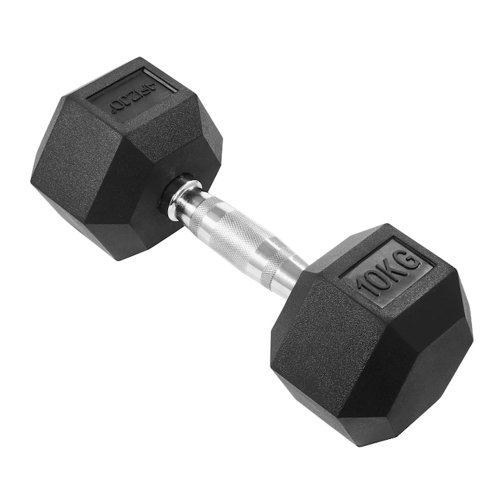 Gantere din otel HEX 4FIZJO, strat exterior din cauciuc, maner antiderapant, Otel/Cauciuc, 10 kg, Negru