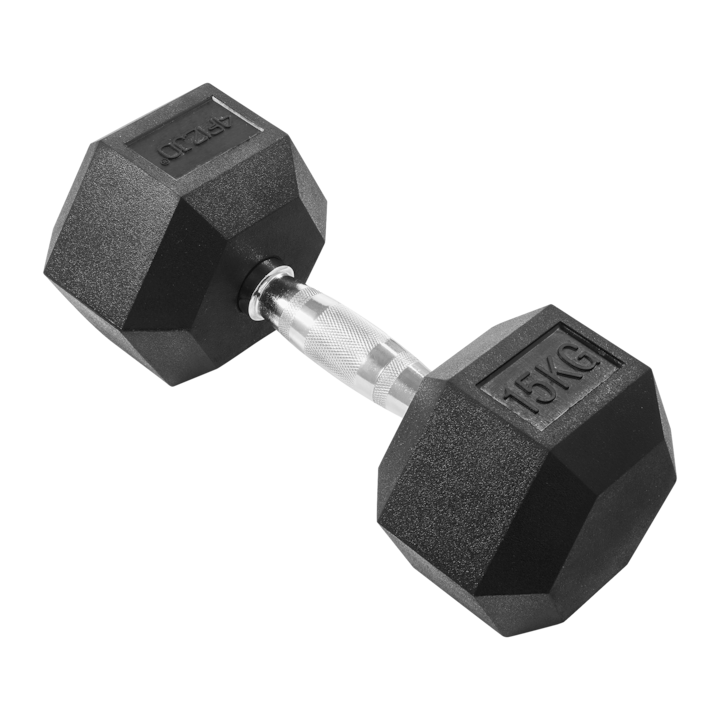 Gantera din otel HEX, strat exterior din cauciuc, pentru profesionisti, pentru exercitii de biceps, triceps, umeri, piept si spate, 15 kg, Negru
