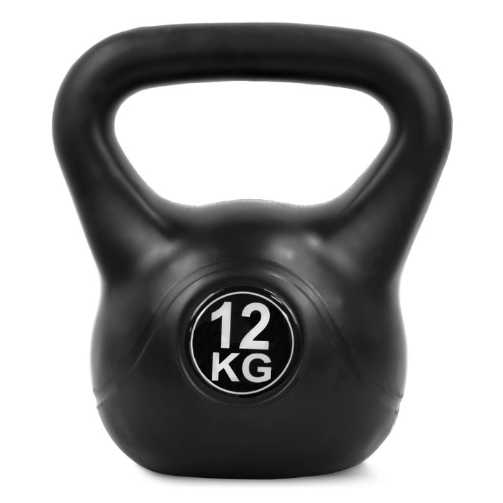 Bitum kettlebell, 4FIZJO, maner ergonomic, ideala pentru incepatori si utilizatori intermediari, usor de depozitat si transportat, potrivit pentru antrenamente de forta, cardio si recuperare, 30 x 26 cm, 12 kg, Negru
