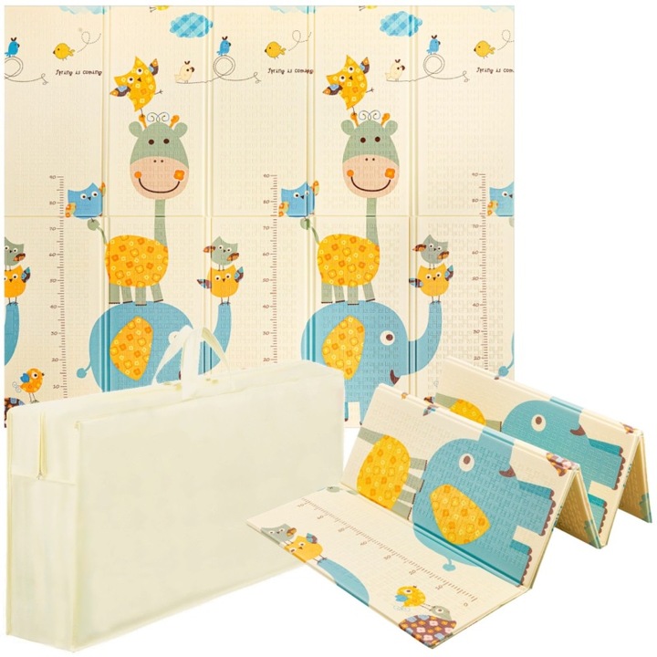 Covoras pentru copii pliabil pe doua fete, 4FIZJO, piramida de animale, anti-alunecare, prietenos cu copiii, amortizare pentru primul taras al copilului, usor de curatat, spuma XPE, 200 x 180 cm, bej/albastru/galben