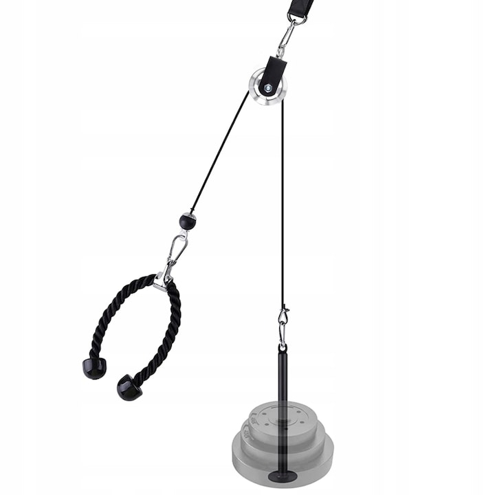 Set de ridicare superioara si inferioara, 4FIZJO, set ideal pentru antrenament la domiciliu, grip pentru triceps inclus, schimbare rapida de sus in jos, reglarea lungimii cablului, greutate maxima 100 kg, Negru/Argintiu