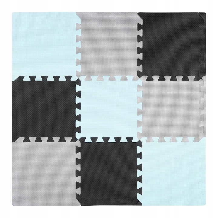 Covor copii din 9 bucati de puzzle, 4FIZJO, 90 x 90 x 1 cm, Spuma, Albastru/Gri/Negru