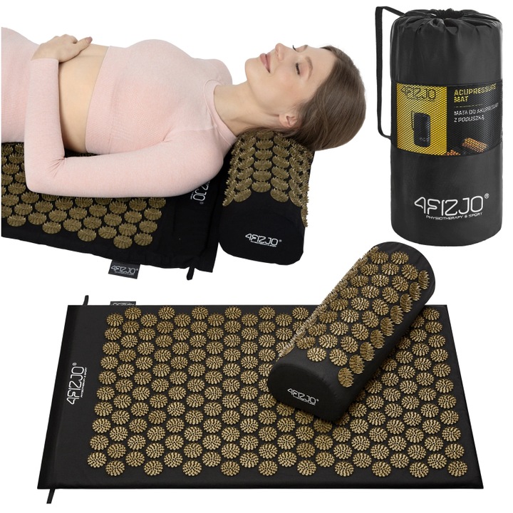 Akupresszúrás szőnyeg, 4FIZJO, ágyéki fájdalmakra, izomstimuláció, javítja a vérkeringést ABS, pamut, poliuretán hab, 68 x 42 cm, fekete/arany