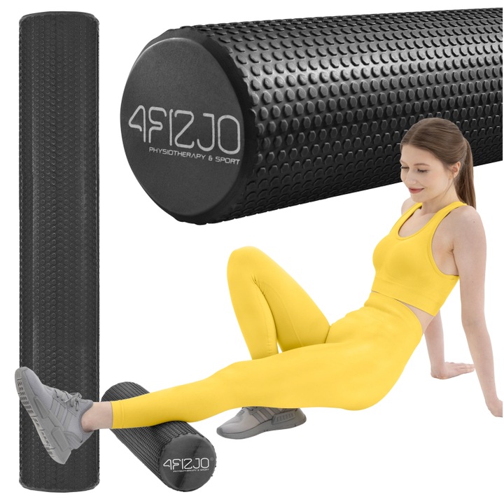 Cilindru pentru fitness si masaj, pentru recuperare musculara, pentru yoga, Pilates, crossfit, cu tampoane de masaj, 90x15 cm, Negru