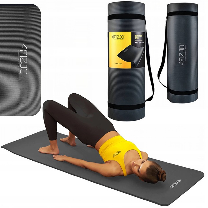 Edzőszőnyeg, 4FIZJO, jógához NBR hab, fitness és fizikai gyakorlatok, talajgyakorlatok, torna és aerobic, pilates, méret 180cm x 60cm x 15mm, Fekete