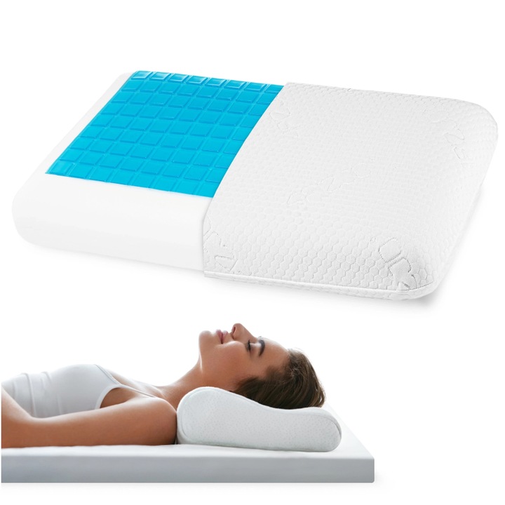 Perna ortopedica pentru dormit, Spuma cu Memorie cu gel Maruntita pentru Gat si Suport Cervica, Ideala pentru dormitul lateral, spate sau stomac, 4FIZJO, Gel, 40x58.5cm, Alb