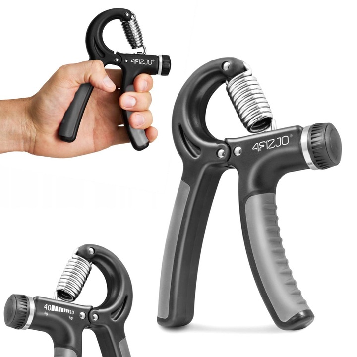 Gripper de mana reglabil de inalta rezistenta, Flexor maini reglabil 10-40 kg, Antrenament sala, Yoga, Pilates, pentru antrenament antebrat, 4FIZJO, Negru/Gri
