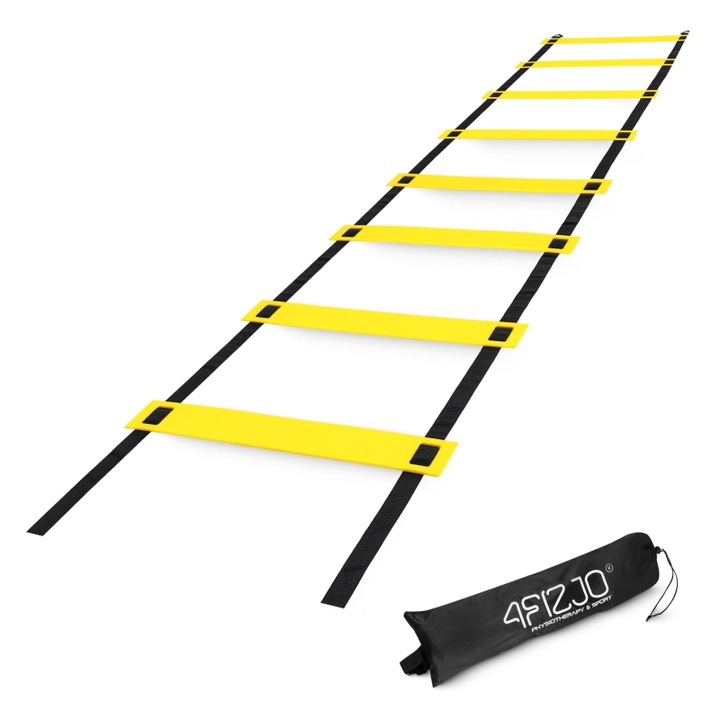 Scara de antrenament cu 16 trepte, pentru fotbal si antrenament de coordonare 4FIZJO, reglabila, poliester, 8 m, Galben
