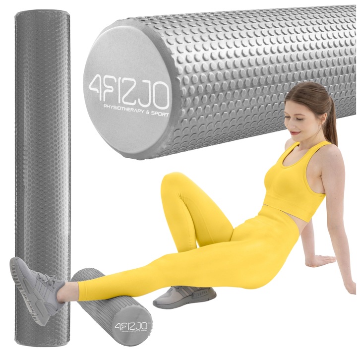Cilindru de yoga pentru recuperare musculara, cu mici tampoane de automasaj, de duritate medie, cu protuberante mici, pentru incepatori si avansati, 4FIZJO, 90 x 15 cm, Spuma, Gri