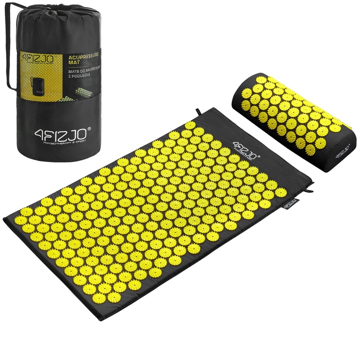 Covor de presopunctura cu perna pentru dureri de spate, 4FIZJO, ABS, Bumbac, Negru/Galben