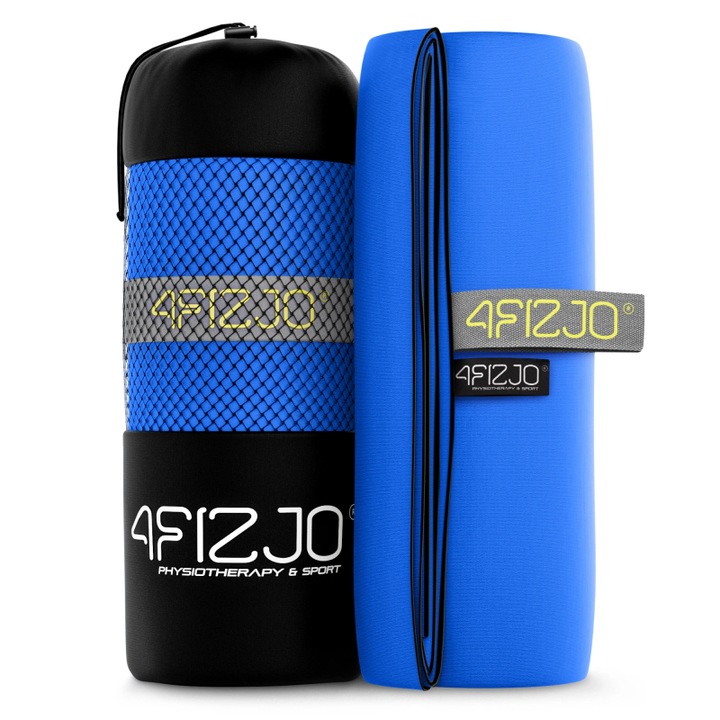Prosop microfibra 4FIZJO cu husa inchidere ermetica, efect de racire instant, uscare rapida, ideal pentru sport, plaja, aerobic, fitness, yoga, activitati in aer liber, 130x75 cm, Albastru