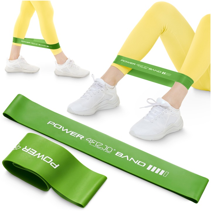 Banda de antrenament din latex pentru fitness, Mini Power Band 4FIZJO, Grosime 1,0 mm, Circumferinta 60 cm, 10-15 kg, Verde
