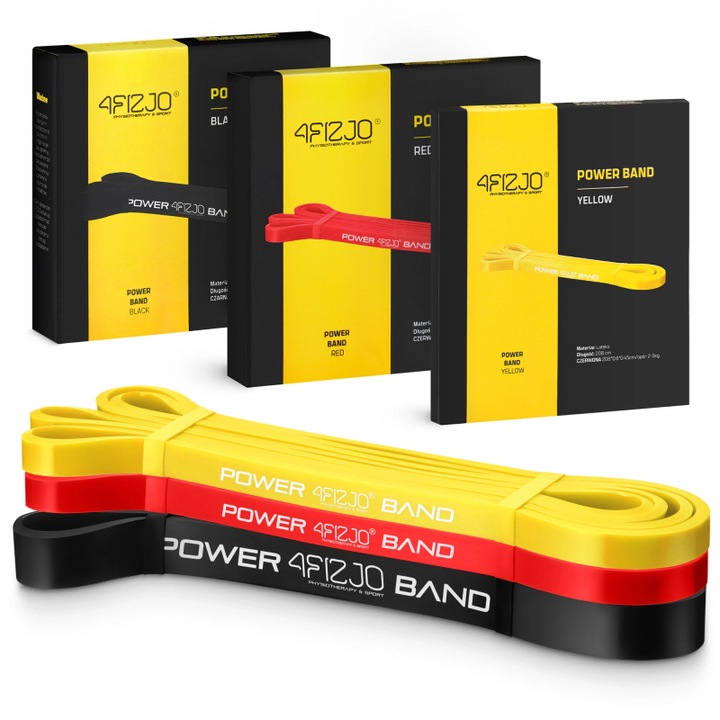 3 darabos POWER BAND edzőszalag készlet, 4FIZJO, fekete/sárga/piros