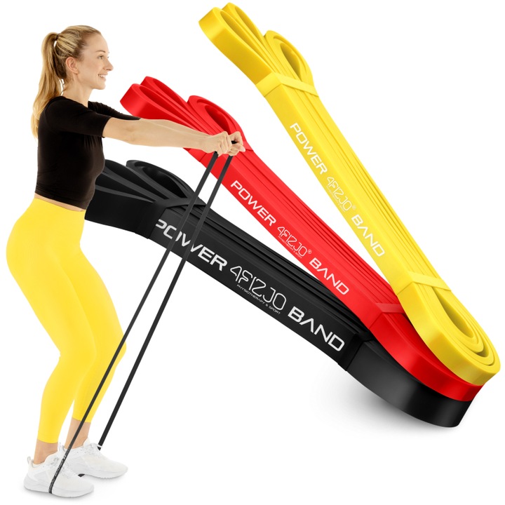 Set de cauciuc pentru fitness POWER BAND, 4FIZJO, material latex, ideal for circuit training, lung, 3 bucati, antrenament oriunde, foarte durabil, rezistent la rupere, rezistenta: 1-17 kg, 208 x 0.45 cm, galben/negru/rosu