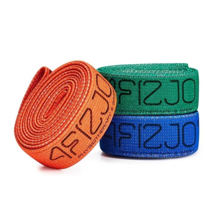 Set 3 benzi elastice lungi POWER BAND, 4FIZJO, material textil cu latex, pentru antrenament forta, stretching, reabilitare, lungime 210 cm, rezistenta 1–20 kg, 3 niveluri de intensitate, antiderapant, flexibil, durabil, portocaliu/verde/albastru