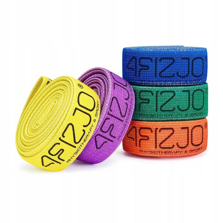 Set 5 benzi elastice de rezistenta POWER BAND, 4FIZJO, lungi, material textil, antrenament forta, stretching, reabilitare, niveluri progresive de rezistenta 1–35 kg, 210 cm, antiderapante, reutilizabile, pentru fitness si yoga, multicolor