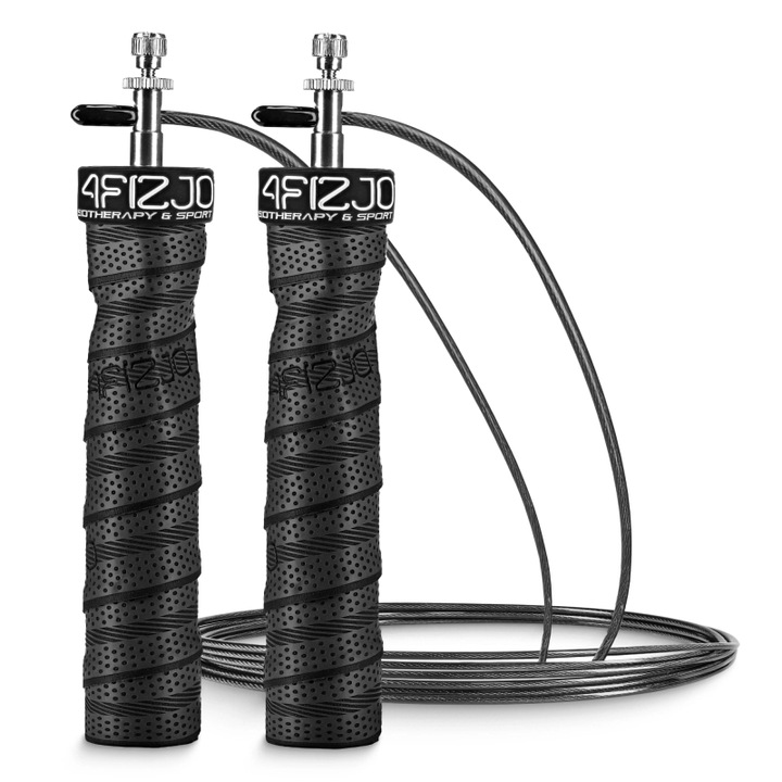 Coarda de sarituri profesionala, reglabila, cu manere ergonomice, cu greutate, manere antiderapante, Aluminiu/Cauciuc, 3 m, Negru, 4FIZJO